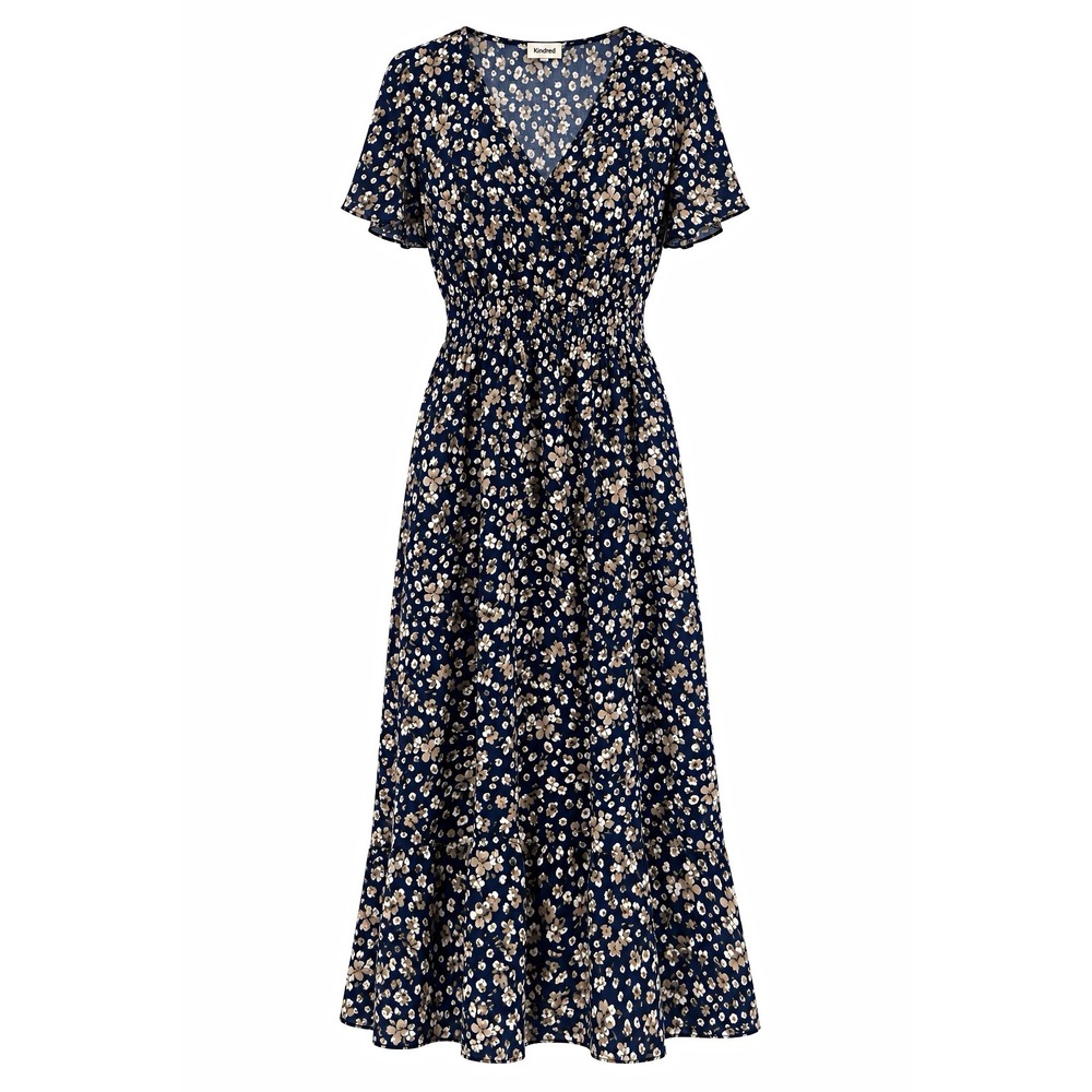 Kindred Navy Floral Maxi Dress Smocked Waist Flutter Sleeve Cottagecore Boho